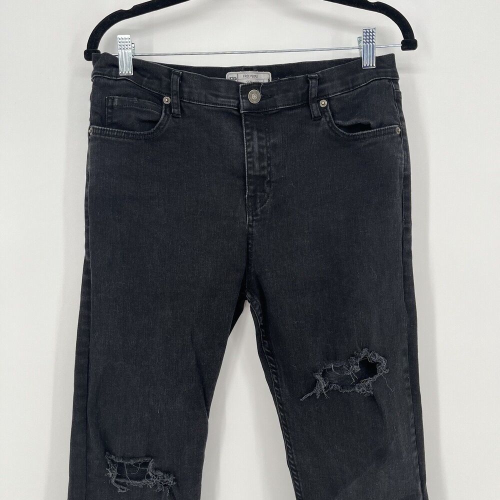 Free People Skinny Jeans Womens 31 Black Distressed Raw Hem Stretch Denim - Picture 4 of 10
